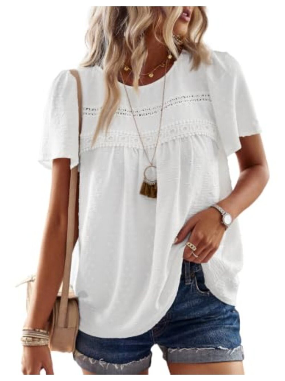 Womens Crochet Lace Boho Blouse Short Sleeve Swiss Dot Loose Fit Top